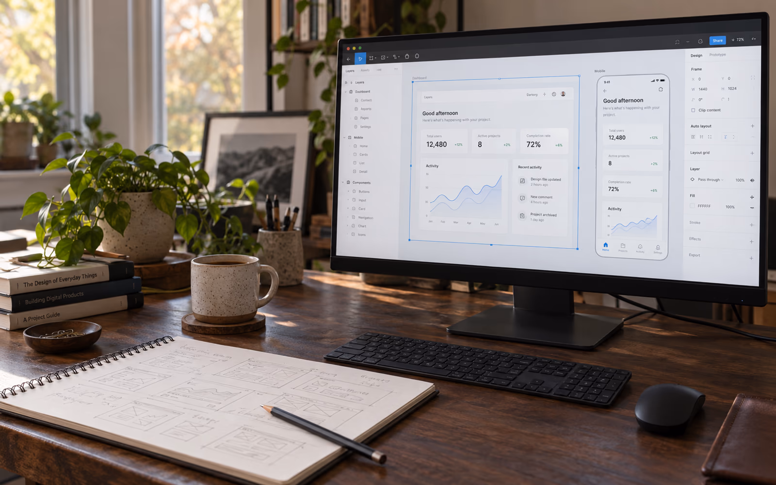 Responsive dashboard wireframes on a monitor beside a sketchbook