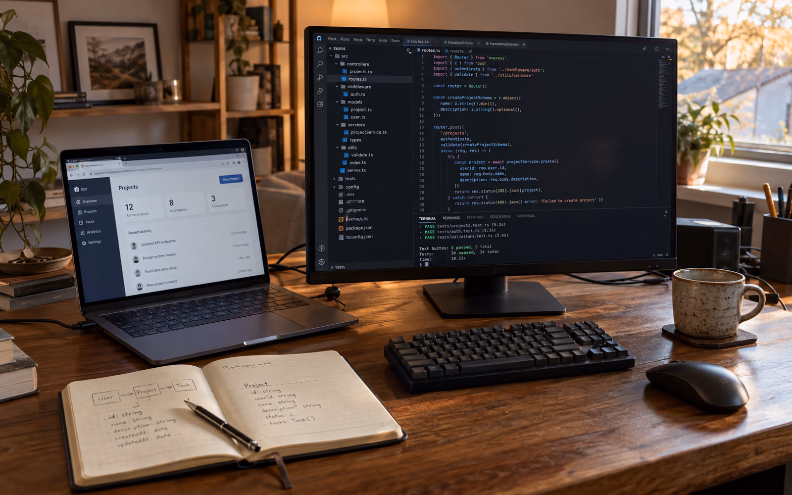 Code editor and application dashboard at a development workstation