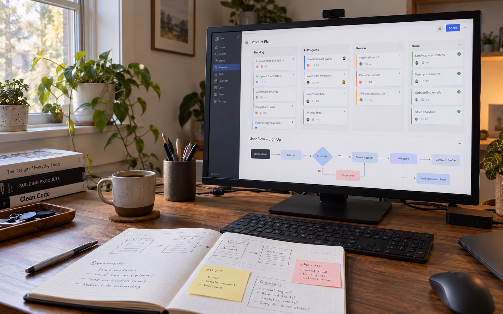 Project planning board and handwritten user-flow notes on a real desk